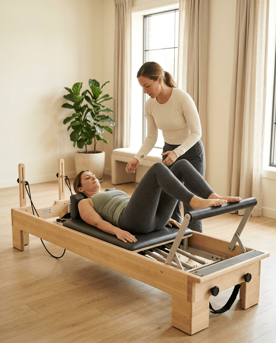 Cena ilustrativa de uma aula de pilates no Reformer, acompanhada por uma instrutora.